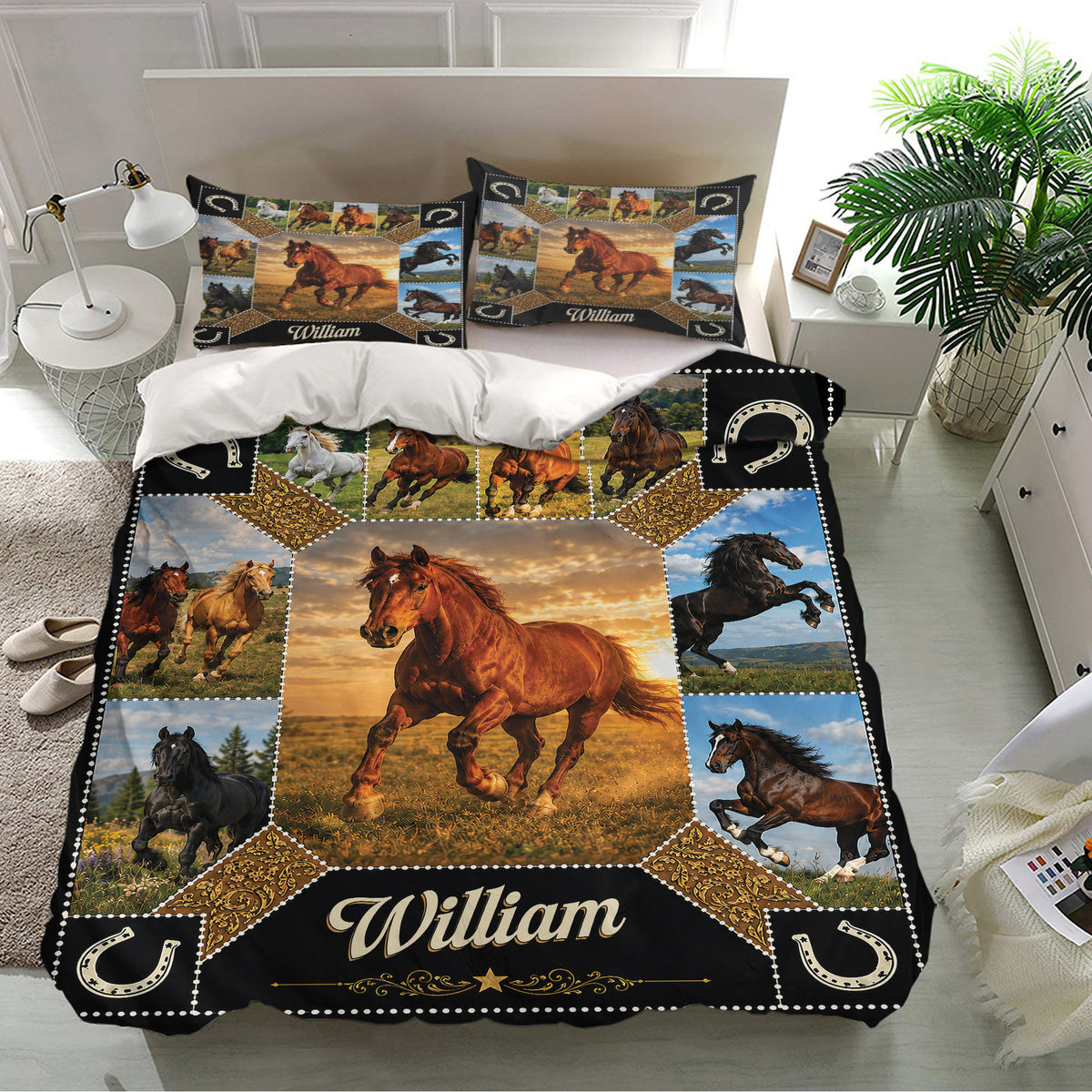 Horse bedding set displayed in a bright bedroom with matching pillowcases and a detailed equestrian collage design