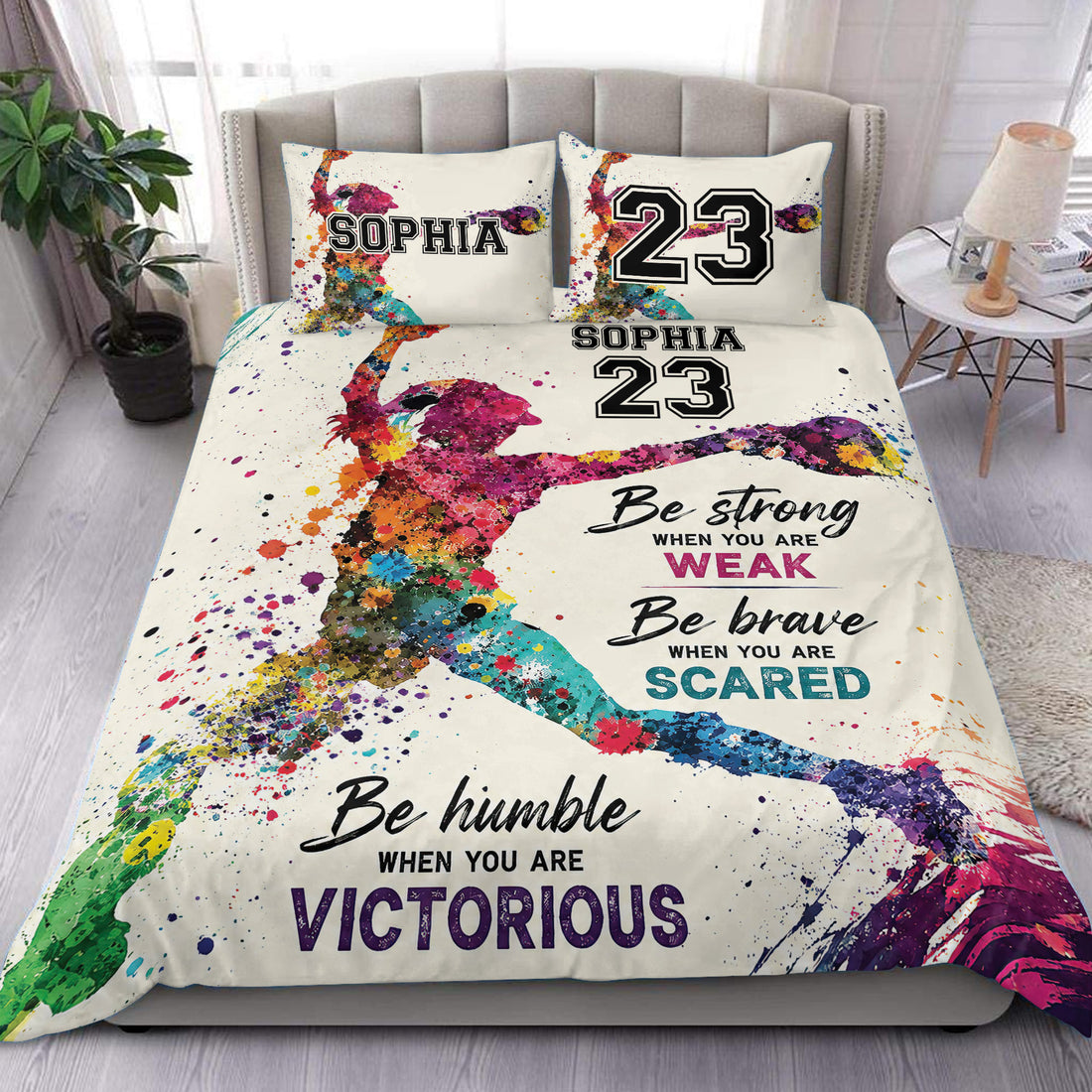 Colorful softball player artwork on a custom duvet cover set with motivational bedroom typography
