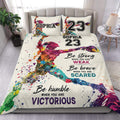 Colorful softball player artwork on a custom duvet cover set with motivational bedroom typography
