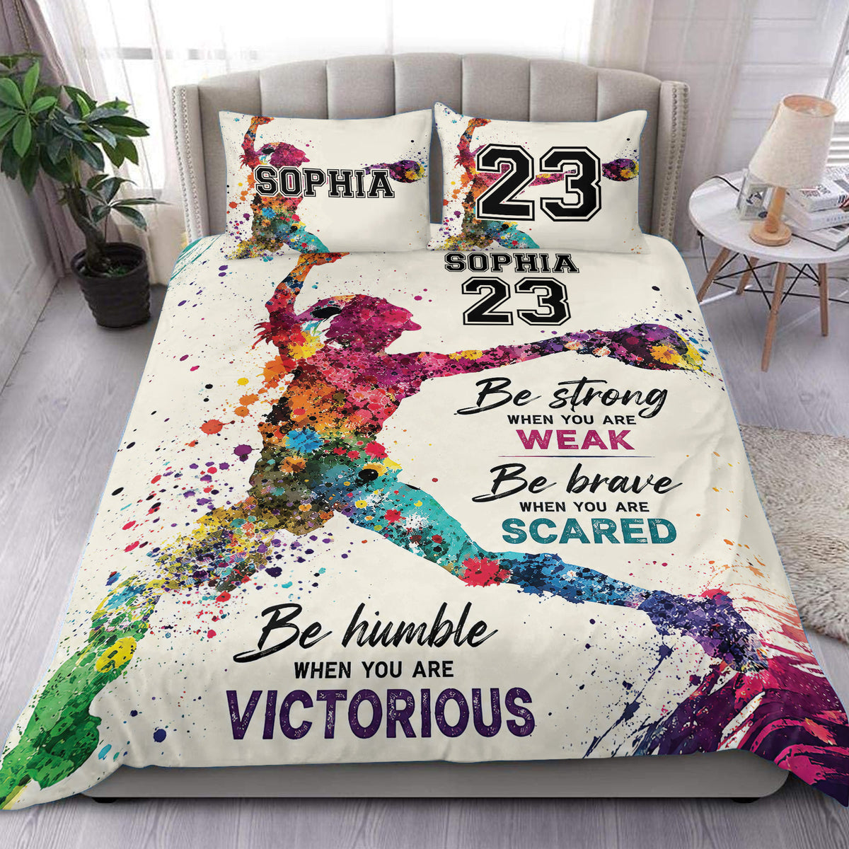 Colorful softball player artwork on a custom duvet cover set with motivational bedroom typography