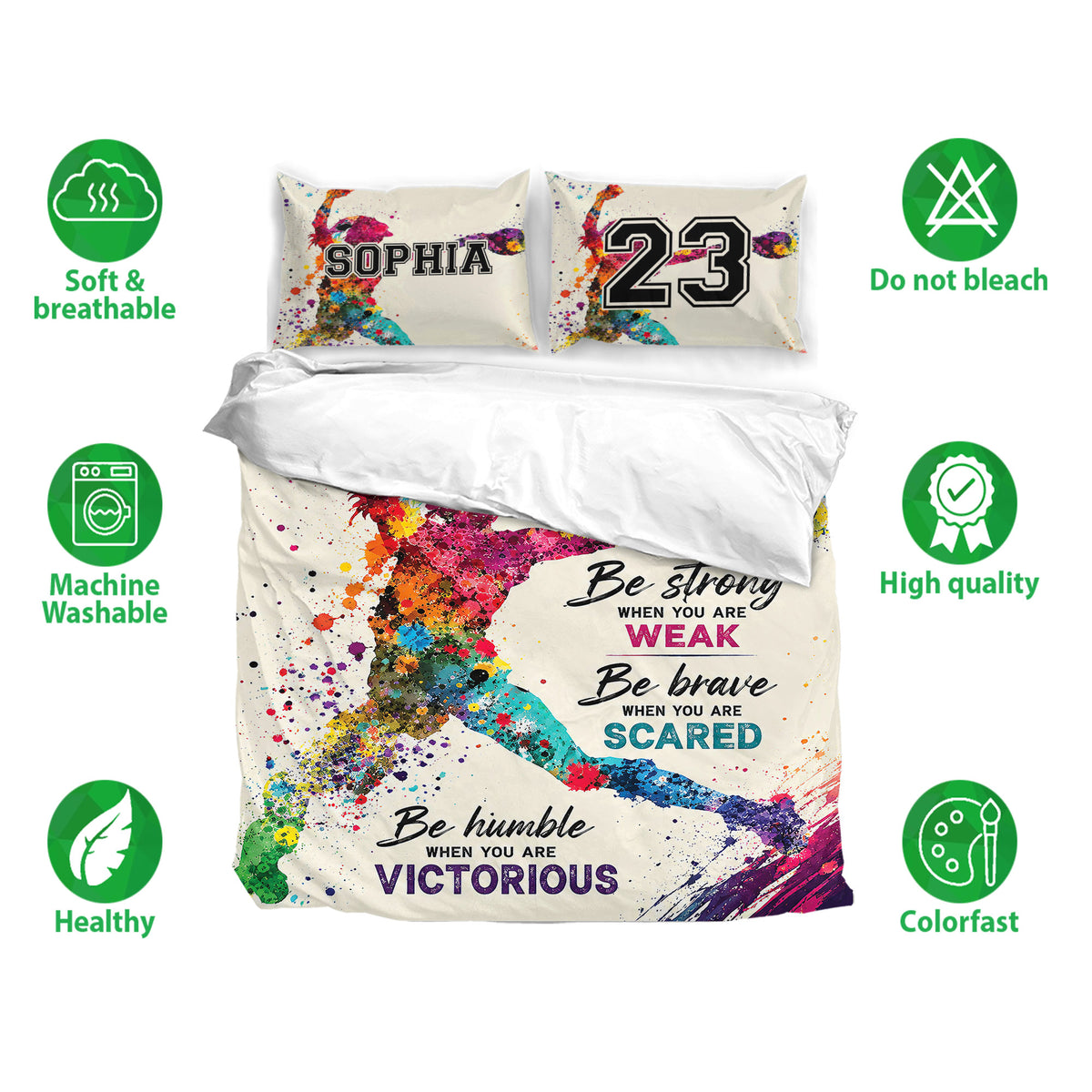 Softball duvet cover bedding set displayed with colorful player artwork and breathable bedding features