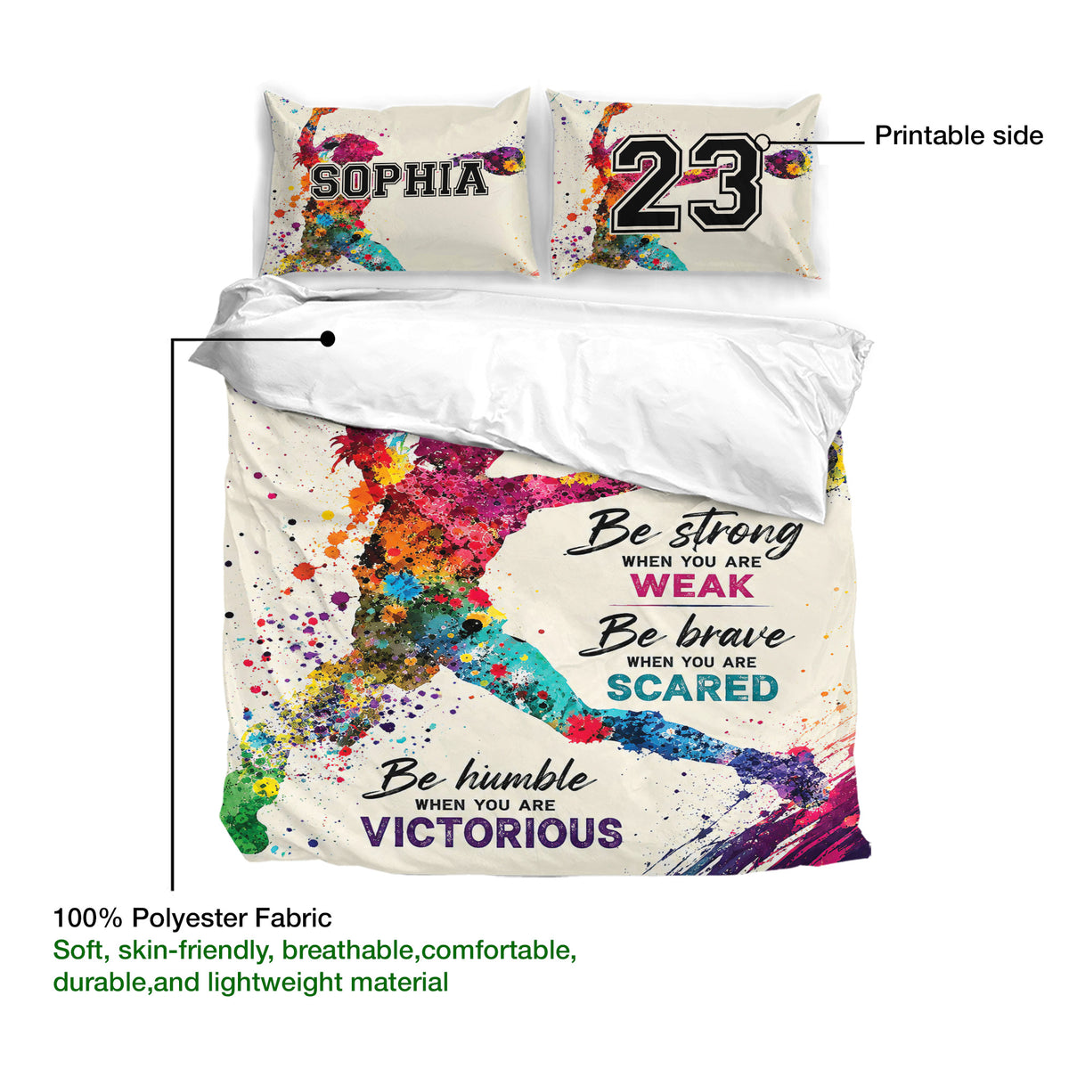 Softball bedding set detail showing vibrant player artwork, printable design, and lightweight fabric