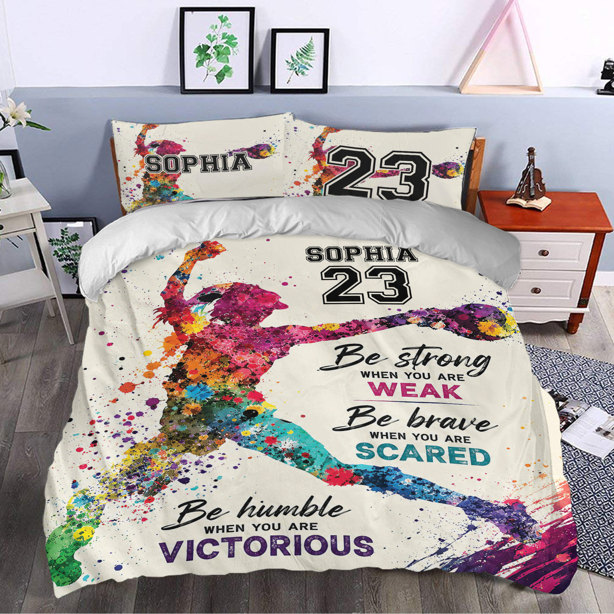 Colorful softball duvet cover set styled in a bedroom with motivational sports artwork