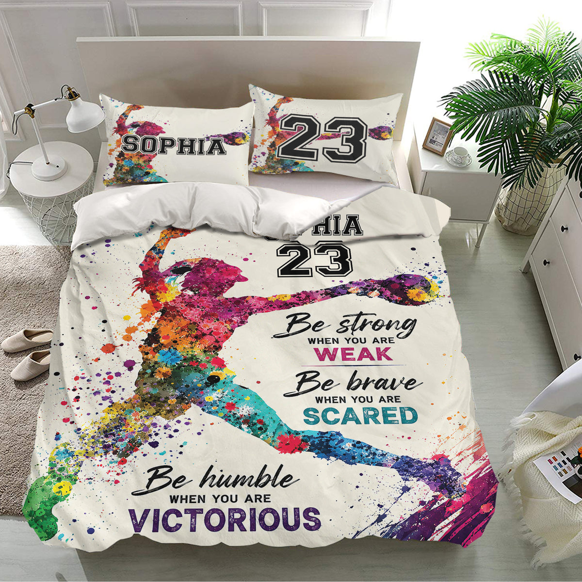 Custom softball bedding set displayed in a modern bedroom with vibrant player silhouettes and bold typography