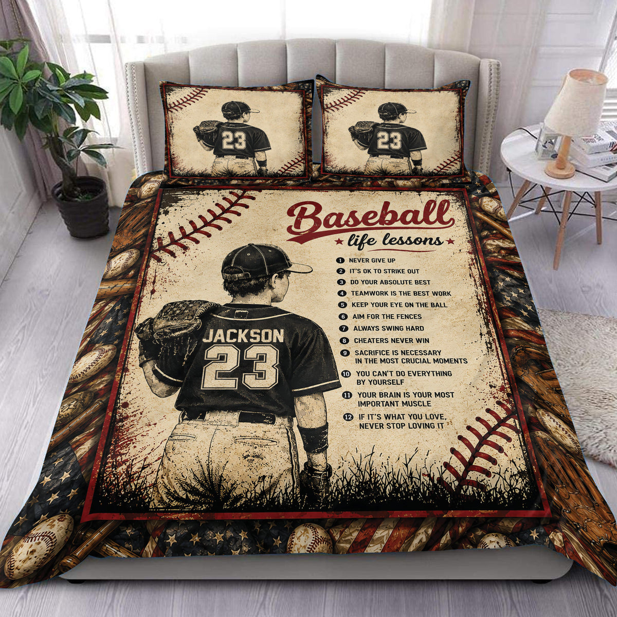 Vintage baseball duvet cover set styled on a bed with player artwork, baseballs, gloves, and motivational life lessons
