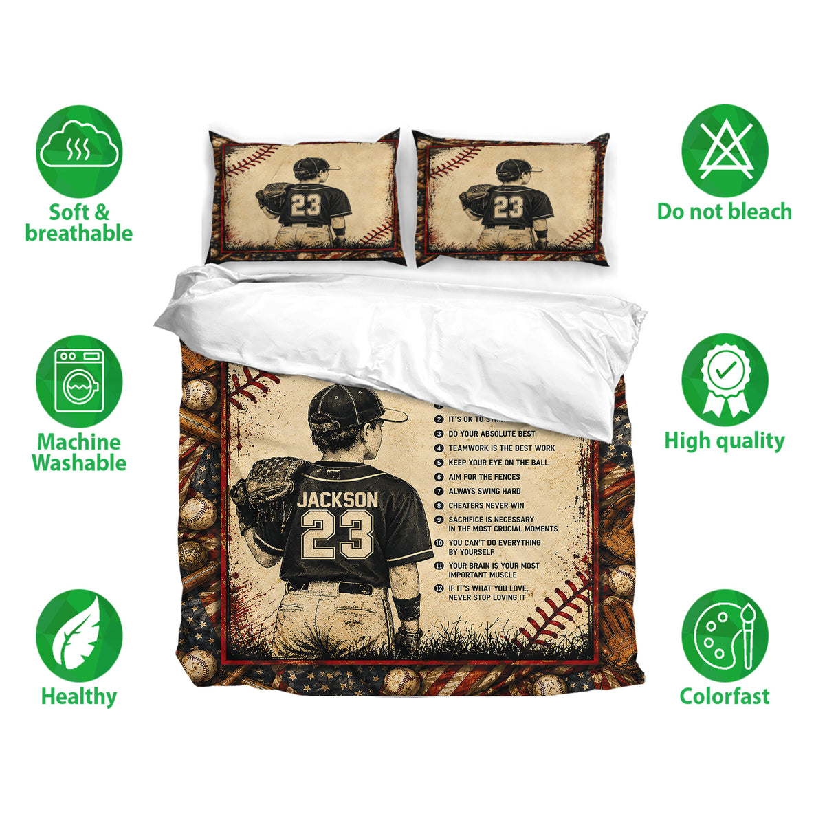 Baseball duvet cover bedding set displayed with player pillowcases and a vintage sports design