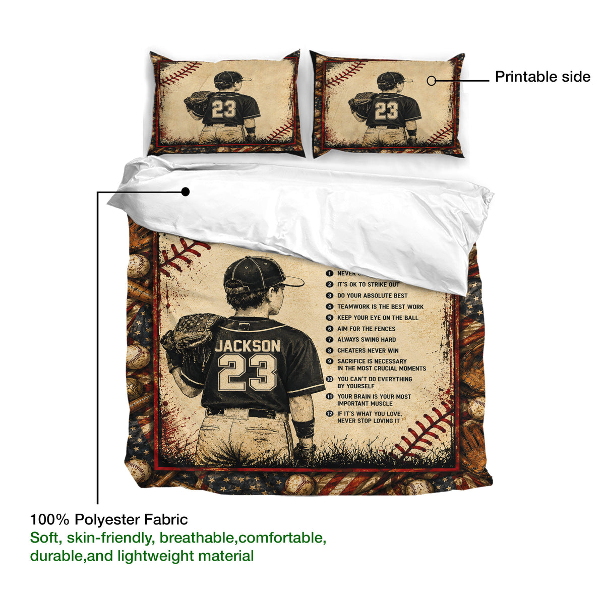 Baseball duvet cover set showing the printable side and soft 100% polyester fabric detail