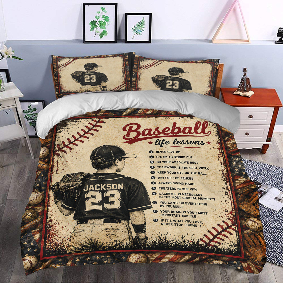 Baseball bedding set presented in a bedroom with vintage player artwork and motivational sports design