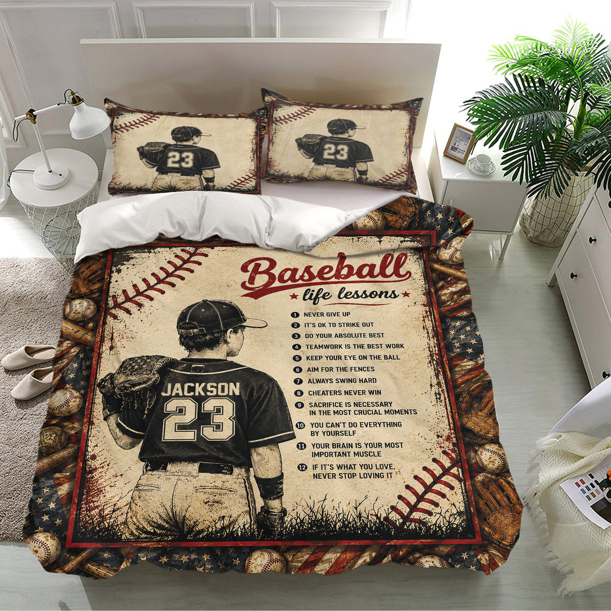 Vintage baseball duvet cover set with player pillowcases, baseball graphics, gloves, and bedroom decor styling