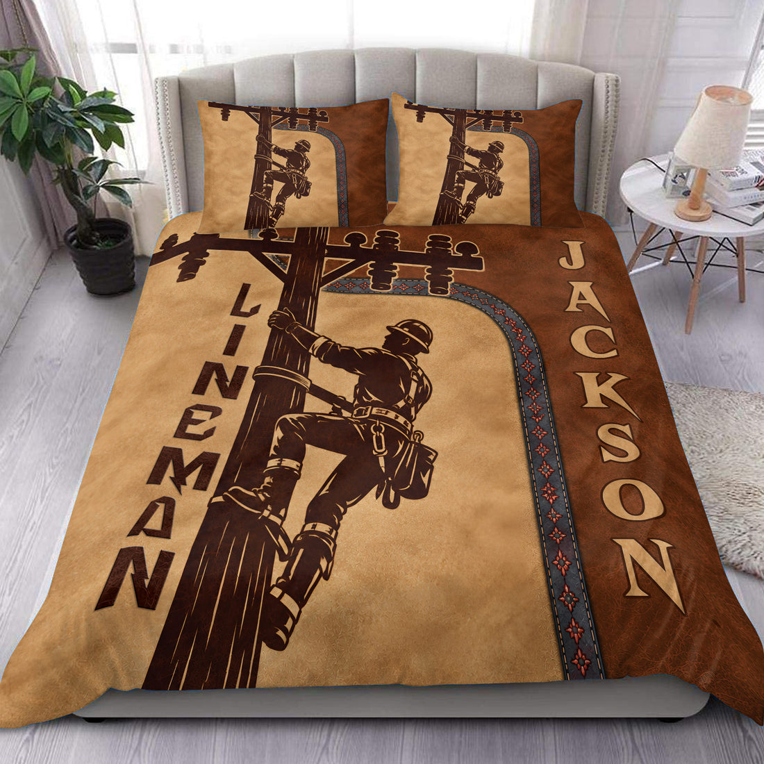 Lineman duvet cover set displayed on a bed with vintage brown utility work artwork