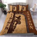 Lineman duvet cover set displayed on a bed with vintage brown utility work artwork