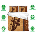 Lineman bedding set with climbing worker artwork shown in a complete bedroom arrangement