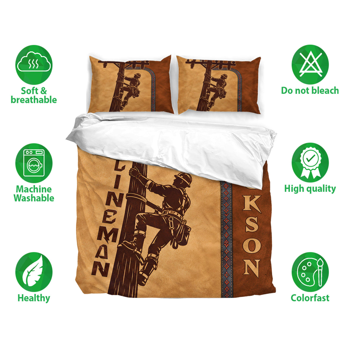 Lineman bedding set with climbing worker artwork shown in a complete bedroom arrangement