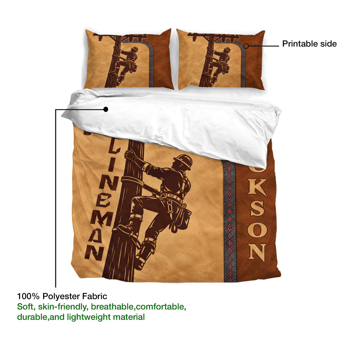 Lineman duvet cover showing a printable artwork side and soft breathable polyester fabric