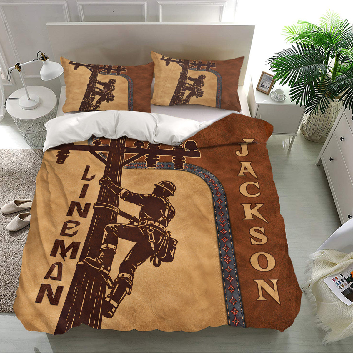 Utility lineman bedding set presented in a bright bedroom with matching printed pillowcases