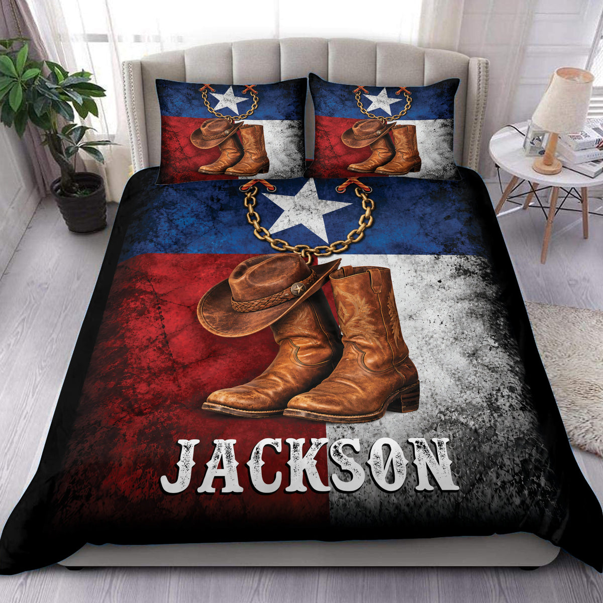Cowboy duvet cover set with western hat and boots artwork in rustic red, blue, gray, and black tones