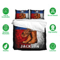 Cowboy bedding set displayed with matching pillowcases, bold western artwork, and soft breathable fabric icons