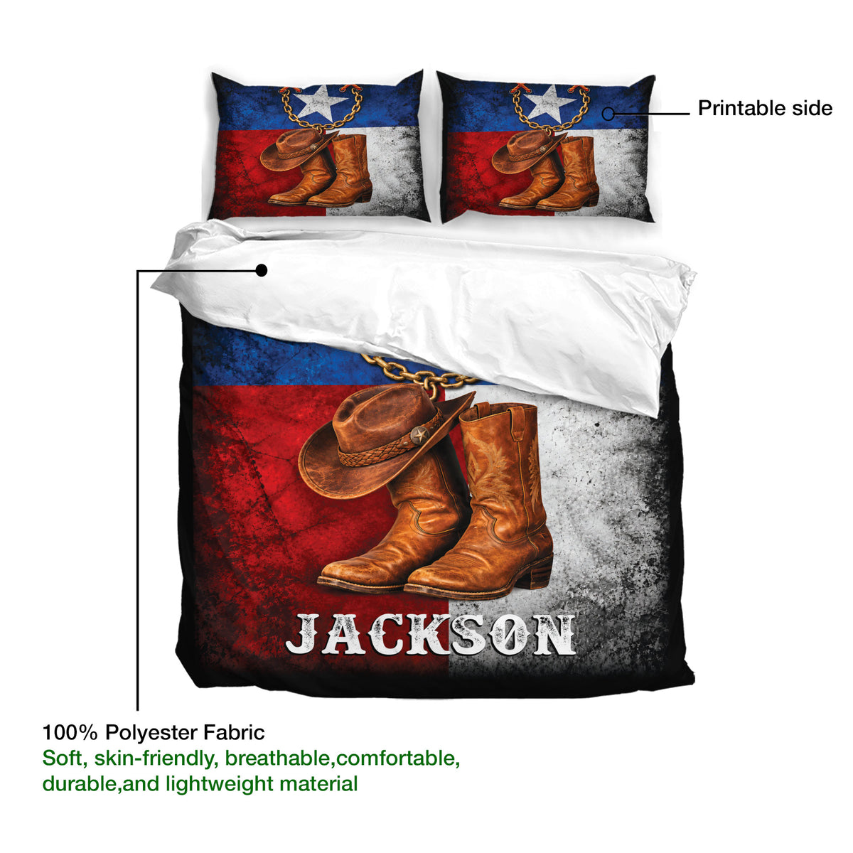 Cowboy duvet cover bedding set detail showing western hat and boots artwork on the printable side