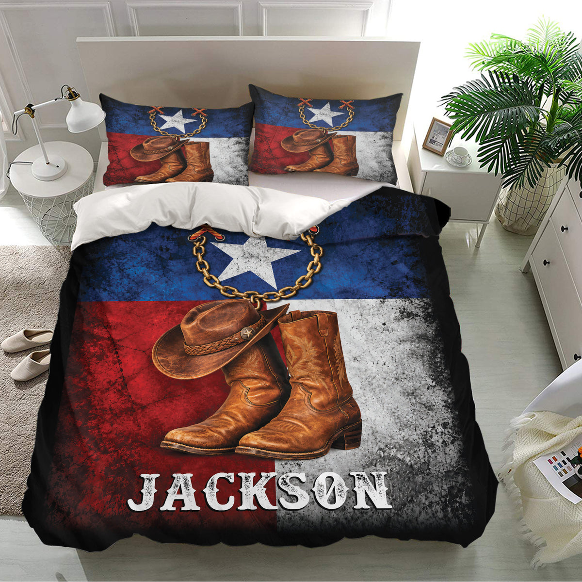 Cowboy bedding set in a bright bedroom featuring matching pillowcases and bold western hat and boots artwork