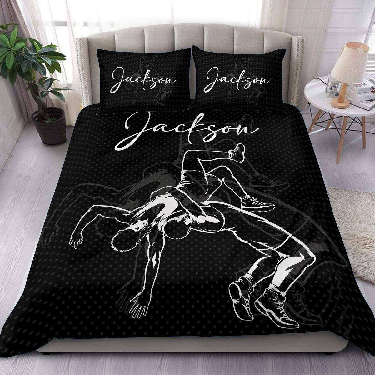 Black wrestling duvet cover set with grappling artwork, dotted pattern, and bold white custom lettering