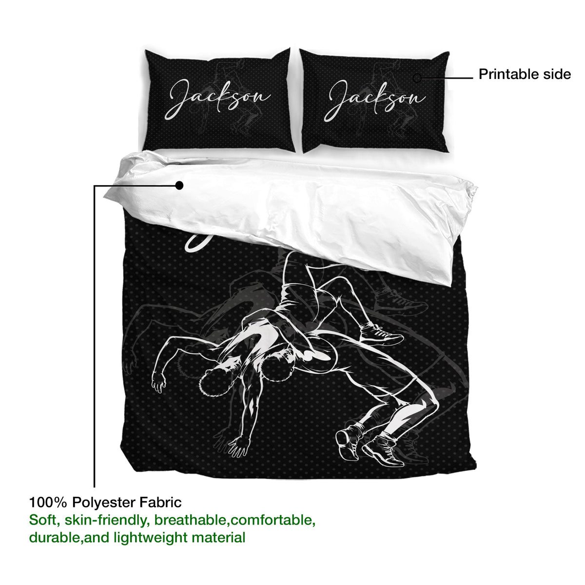 Wrestling bedding set showing grappling artwork, printable fabric surface, and black-and-white bedroom design