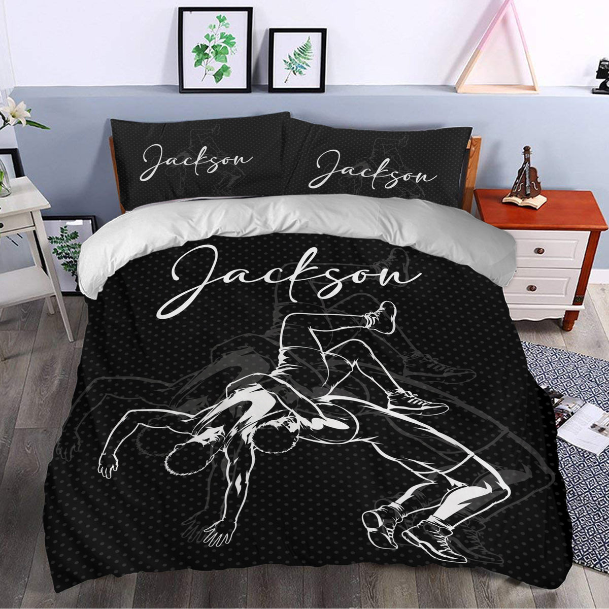 Black wrestling duvet cover set styled in a modern bedroom with dramatic grappling artwork