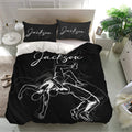 Wrestling duvet cover bedding set in a bright bedroom featuring black fabric and white grappling artwork