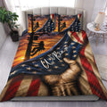 Lineman duvet cover bedding set displayed on a bed with a sunset utility pole scene and patriotic stars