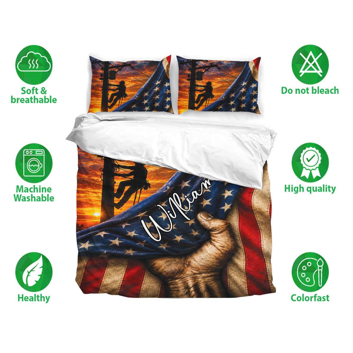 Lineman bedding set with utility worker artwork, patriotic colors, and soft breathable fabric feature icons