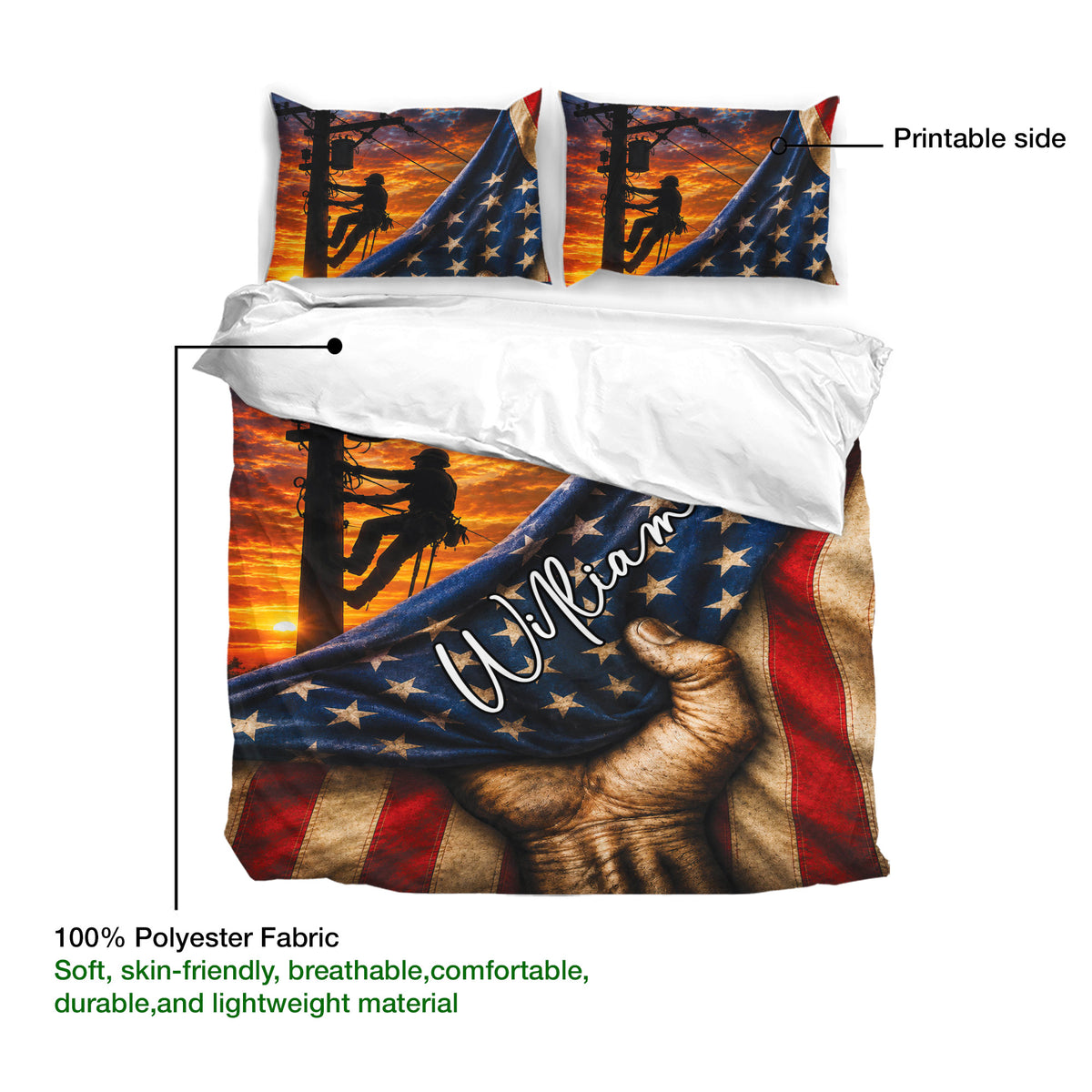 Lineman duvet cover set showing utility pole artwork, patriotic stars, and 100% polyester fabric details