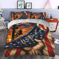 Lineman duvet cover bedding set styled in a bedroom with sunset utility worker artwork and flag colors