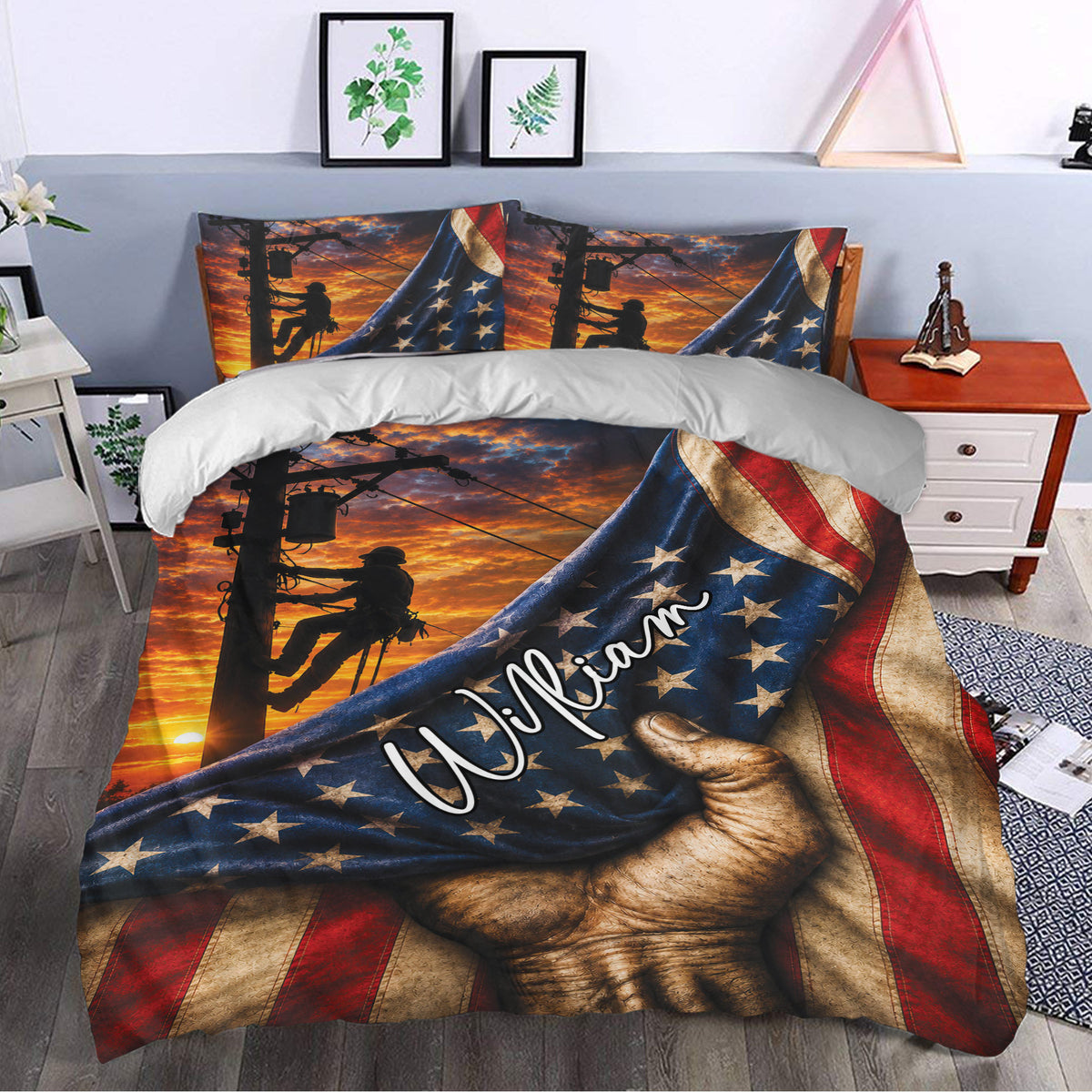 Lineman duvet cover bedding set styled in a bedroom with sunset utility worker artwork and flag colors