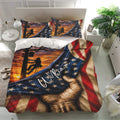 Patriotic lineman bedding set displayed in a bright bedroom with utility pole silhouettes and sunset artwork