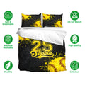 Softball bedding set shown with matching pillowcases, yellow and black artwork, and a bold athletic bedroom theme