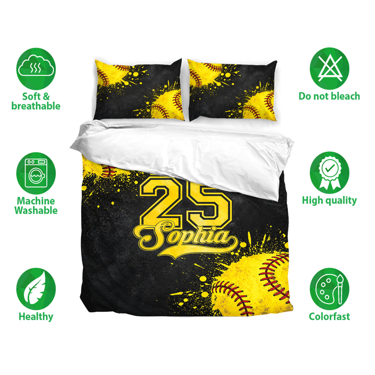 Softball bedding set shown with matching pillowcases, yellow and black artwork, and a bold athletic bedroom theme