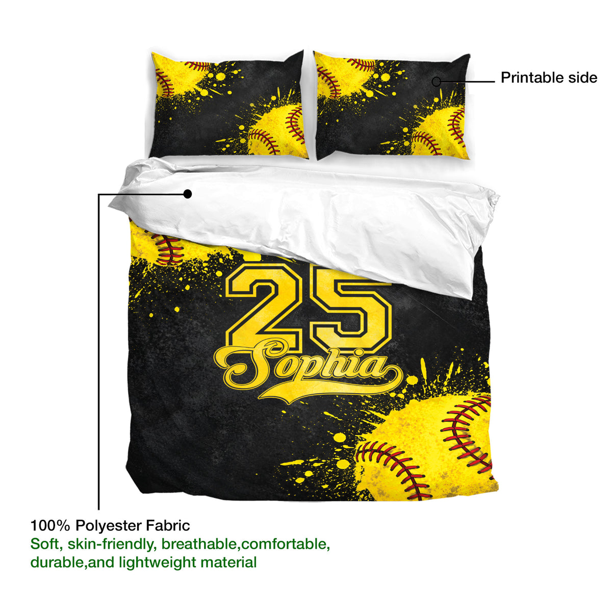 Softball duvet cover bedding set closeup showing vivid yellow artwork, black background, and soft polyester fabric
