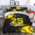 Softball duvet cover set styled in a bedroom with yellow ball graphics, black splatter details, and athletic decor