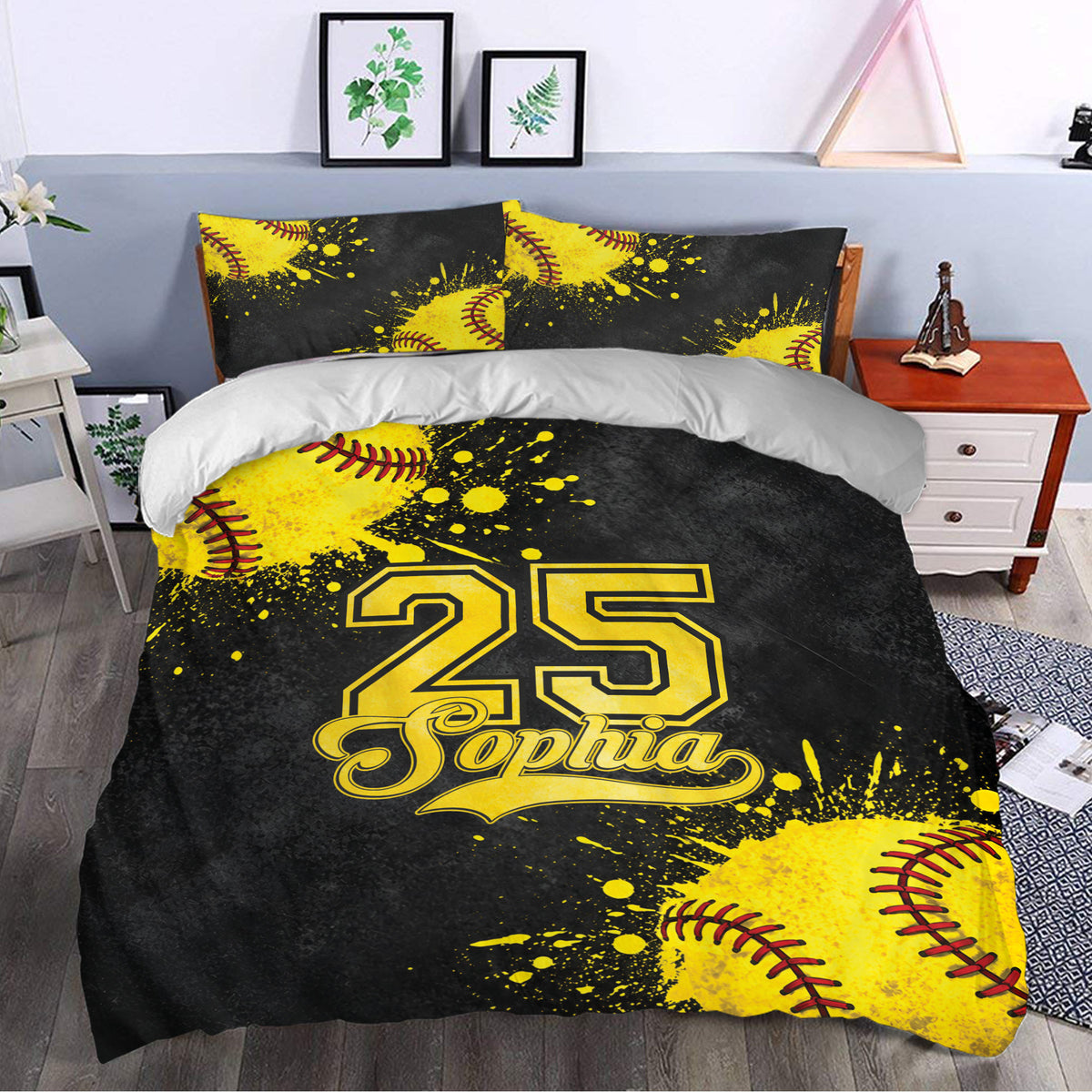 Softball duvet cover set styled in a bedroom with yellow ball graphics, black splatter details, and athletic decor