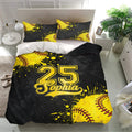 Softball bedding set presented in a bright bedroom with matching pillowcases and energetic yellow and black artwork