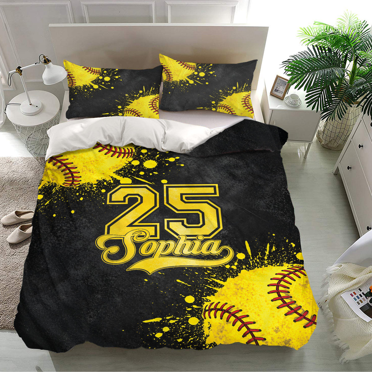 Softball bedding set presented in a bright bedroom with matching pillowcases and energetic yellow and black artwork