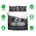 Racing bedding set with checkered flag artwork shown with matching pillowcases and product feature icons