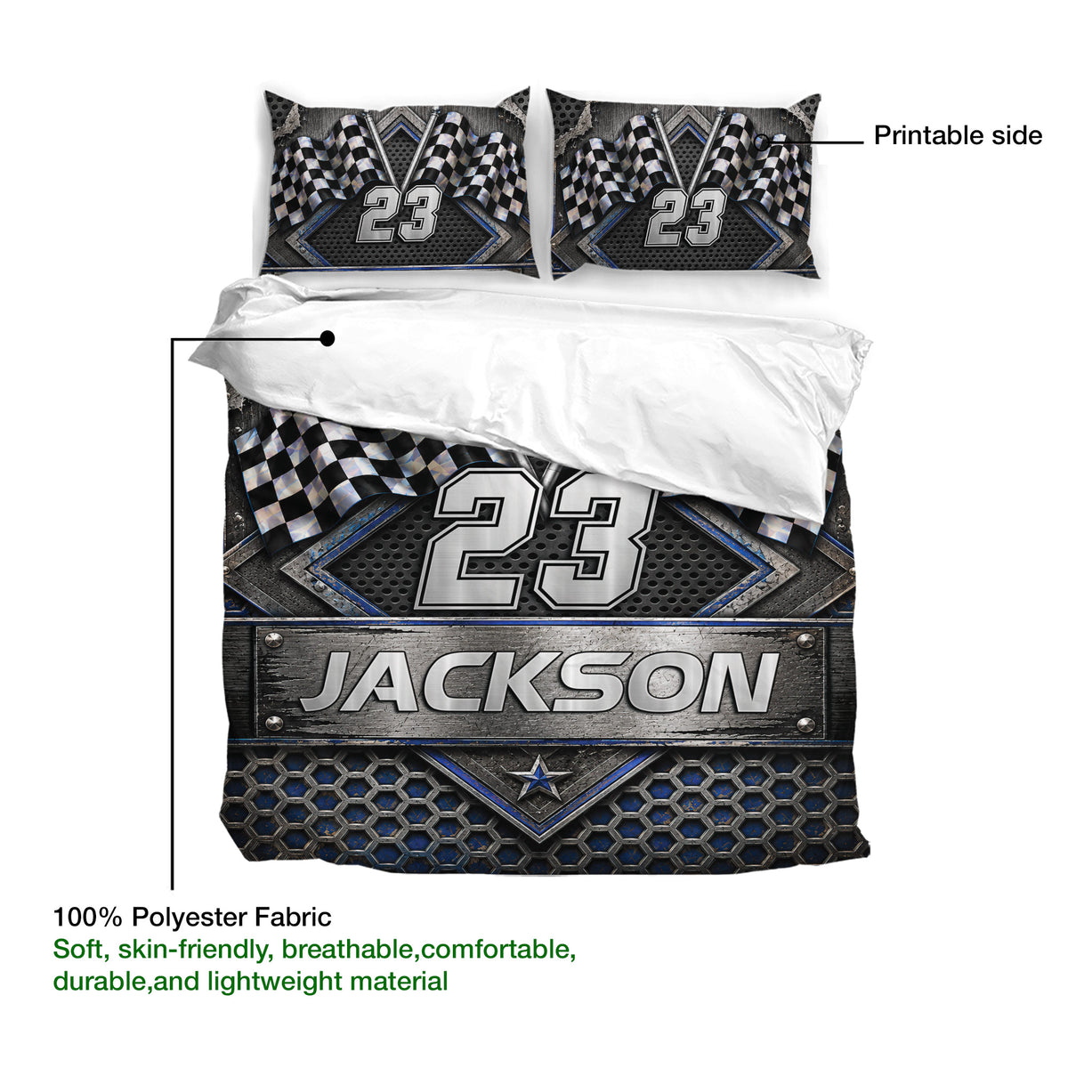 Racing duvet cover and pillowcases showing the printable checkered flag design and soft polyester fabric