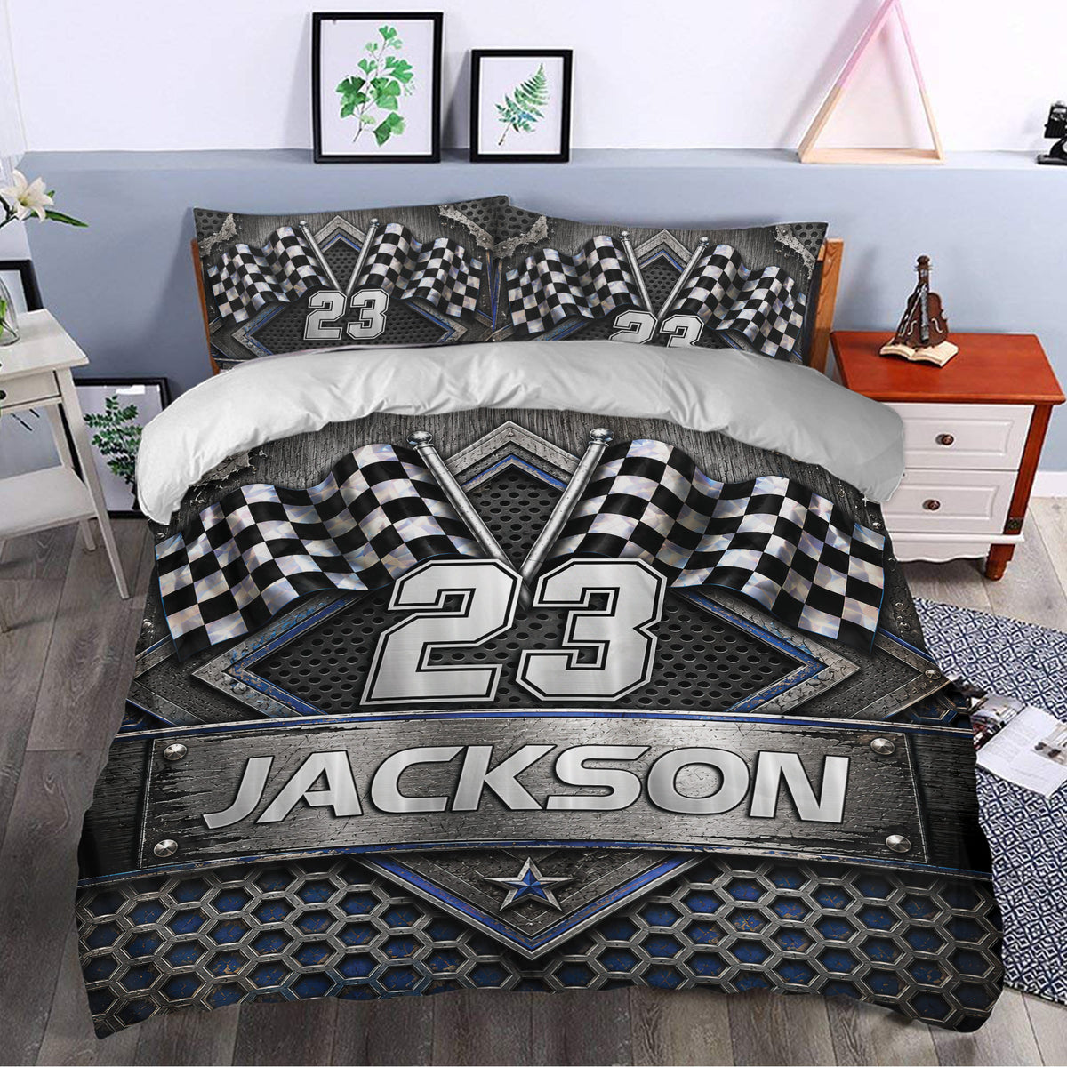 Racing duvet cover set styled in a bedroom with checkered flags, metallic panels, and blue accents