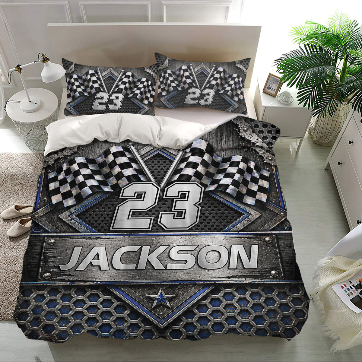 Racing bedding set presented in a bright bedroom with bold checkered flag artwork and automotive details