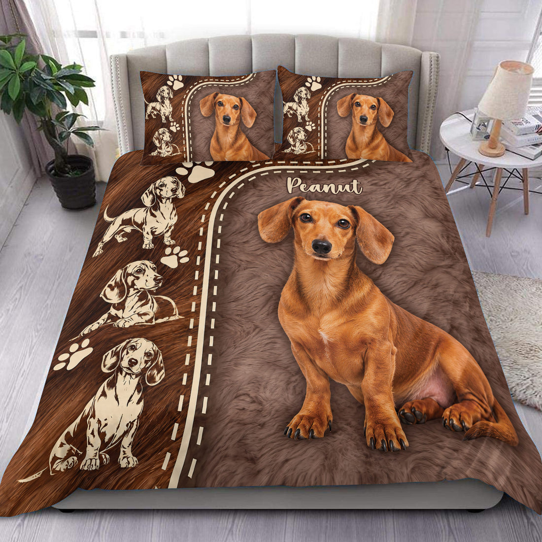 Dachshund duvet cover set displayed on a bed with brown fur texture, paw prints, and realistic dog artwork
