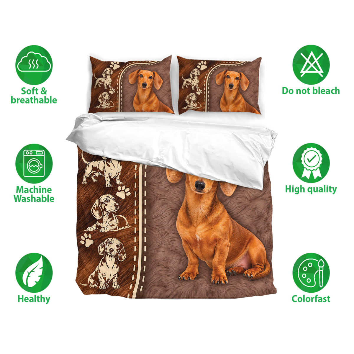 Dachshund bedding set shown with matching pillowcases and soft brown artwork in a bedroom presentation