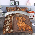 Dachshund bedding set styled in a modern bedroom with realistic dog artwork and warm brown bedroom decor