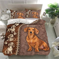 Dachshund duvet cover set presented in a bright bedroom with matching pillowcases and detailed dog artwork