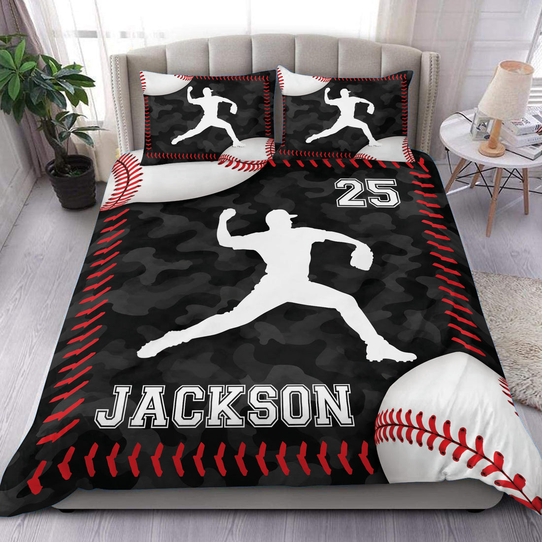 Baseball duvet cover set displayed on a bed with black camouflage, red stitching, and player artwork