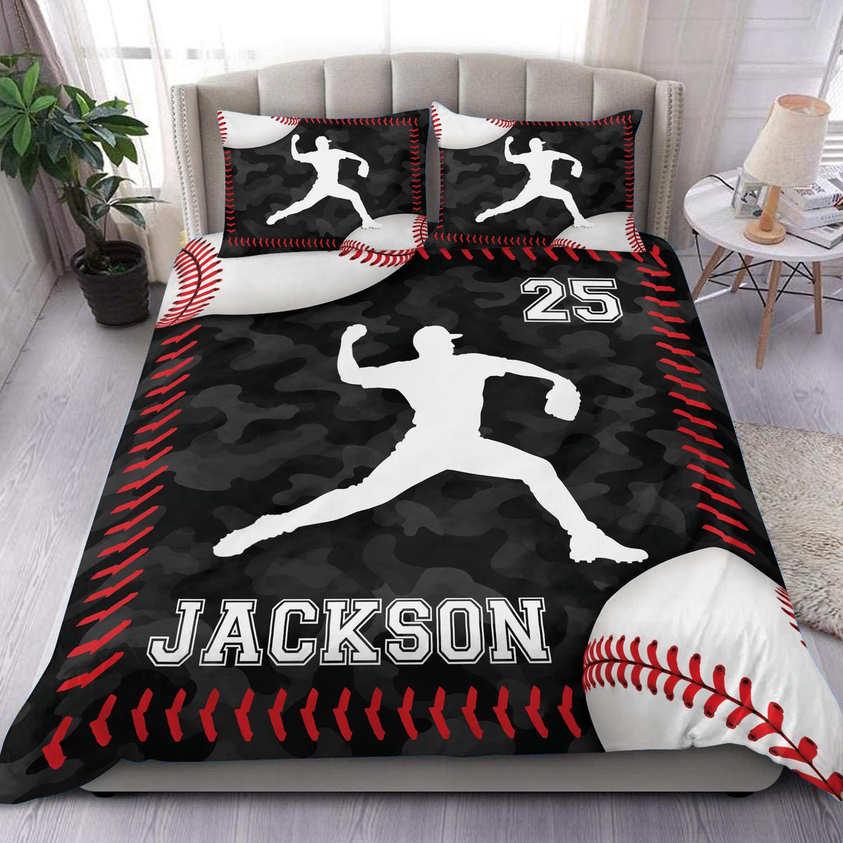 Baseball duvet cover set displayed on a bed with black camouflage, red stitching, and player artwork